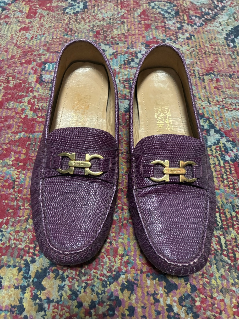 Salvatore Ferragamo Purple Textured Leather Bit-Accent Loafers